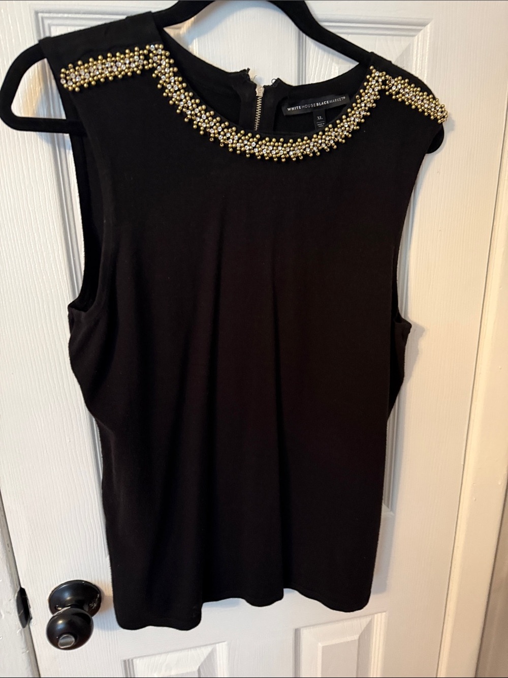 White House Black Market Black Sleeveless Top with Gold Beaded Collar